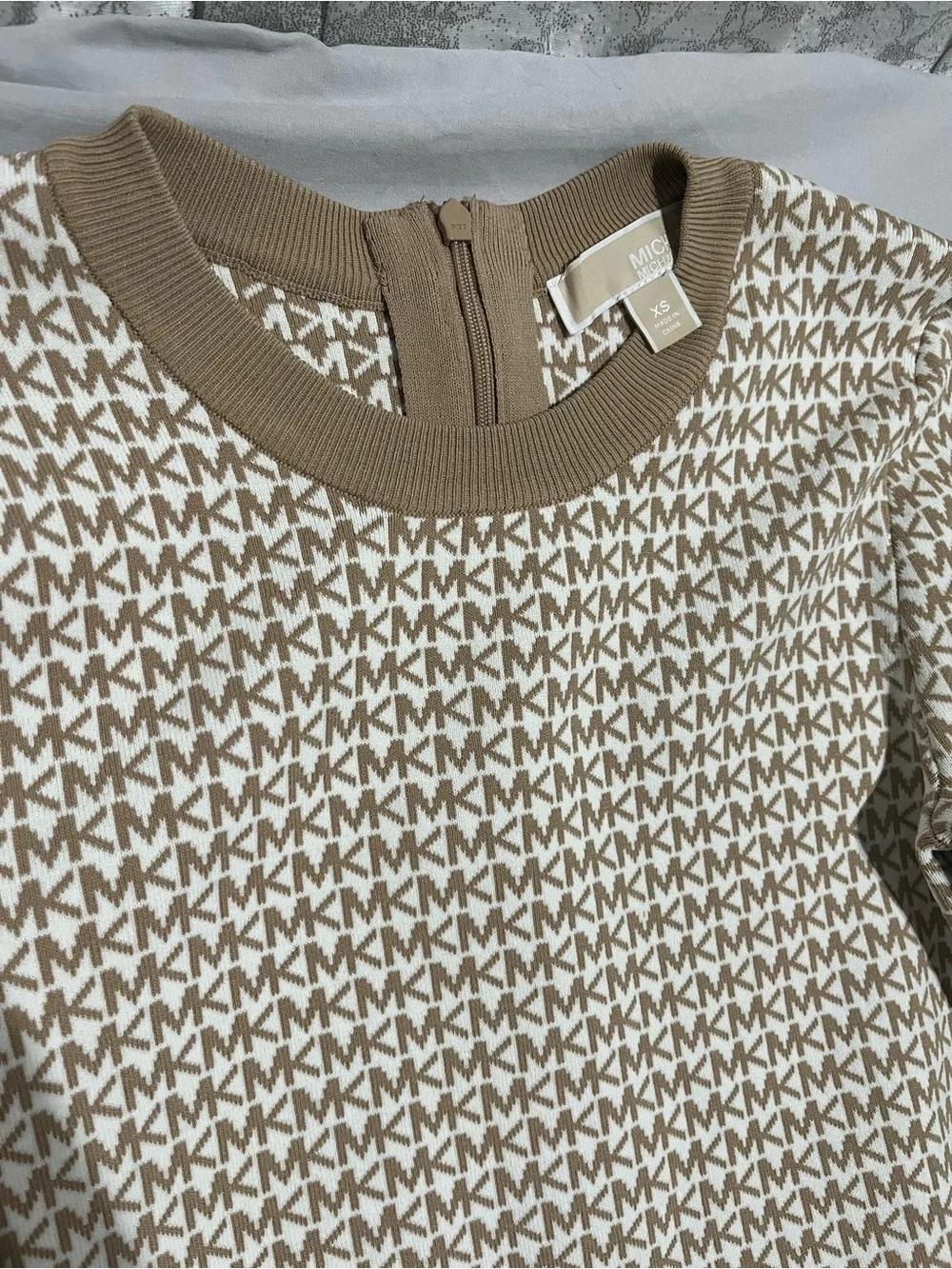 Michael Kors Taupe and Cream Logo Knit Long-Sleeve Dress